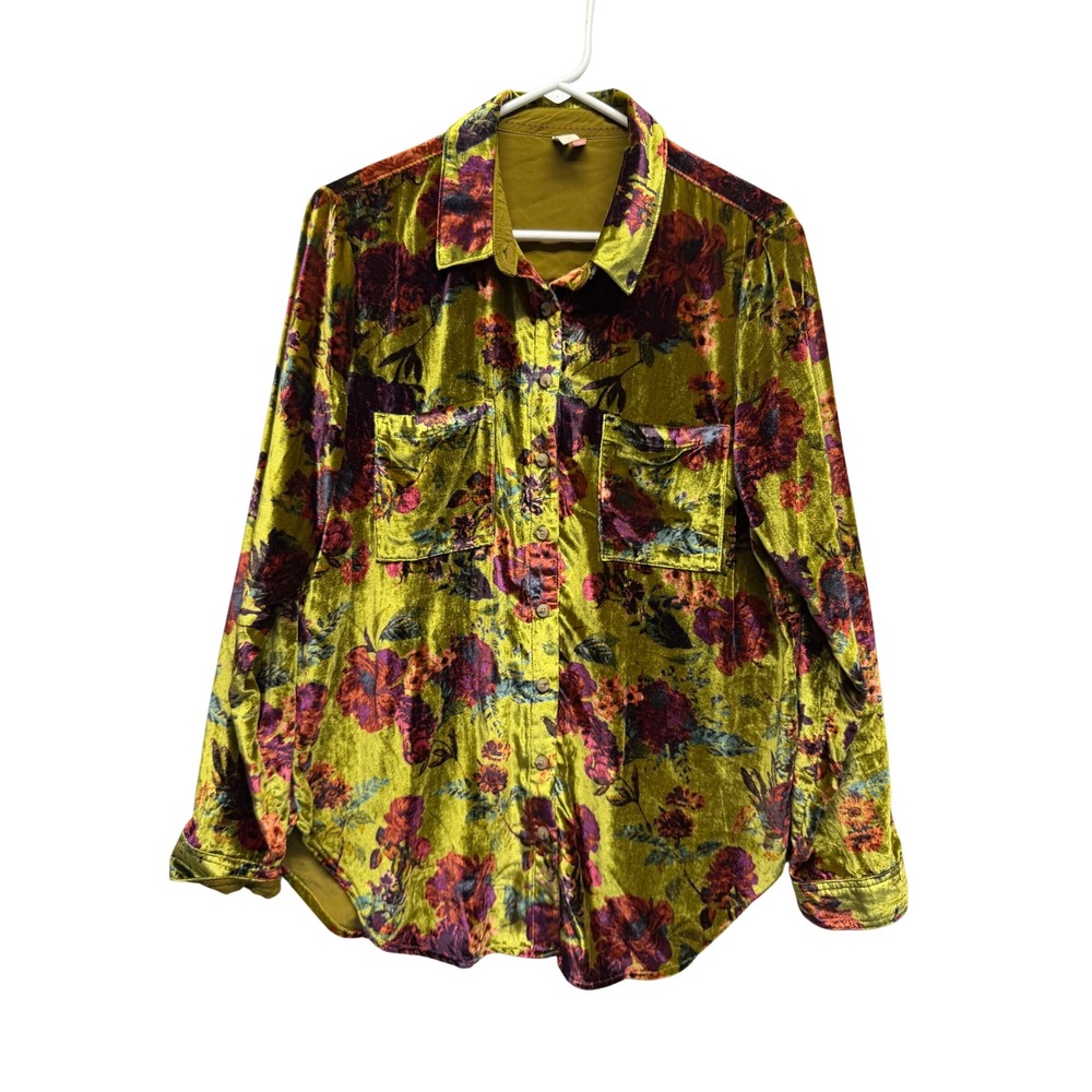 Pilcro Anthropologie Hadley Velvet Floral Shirt Medium Yellow Green Button Down